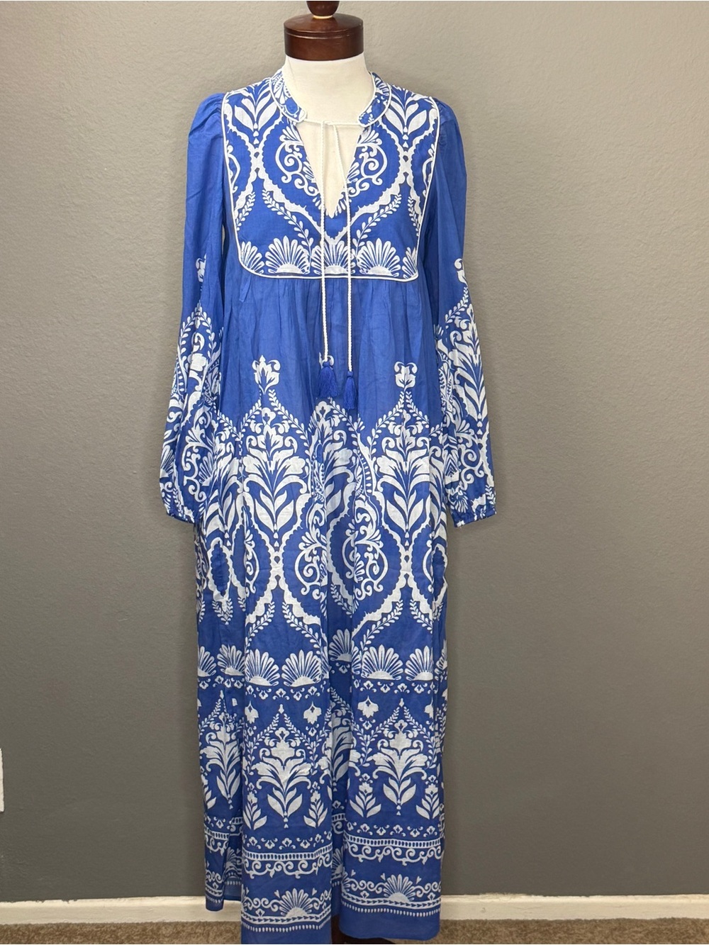 Boden NWT Blue White Boho Tie Neck Kaftan Dress Sz 2 Vacation Wedding Guest - Picture 4 of 15